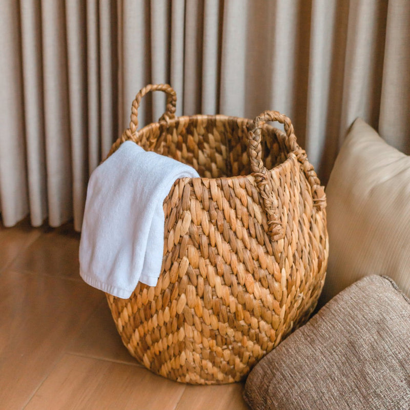 Large Laundry Basket Storage Basket Decorative Basket Round Basket Hamper WAYAG from Woven Water Hyacinth with Beige & Brown Zig Zag Pattern