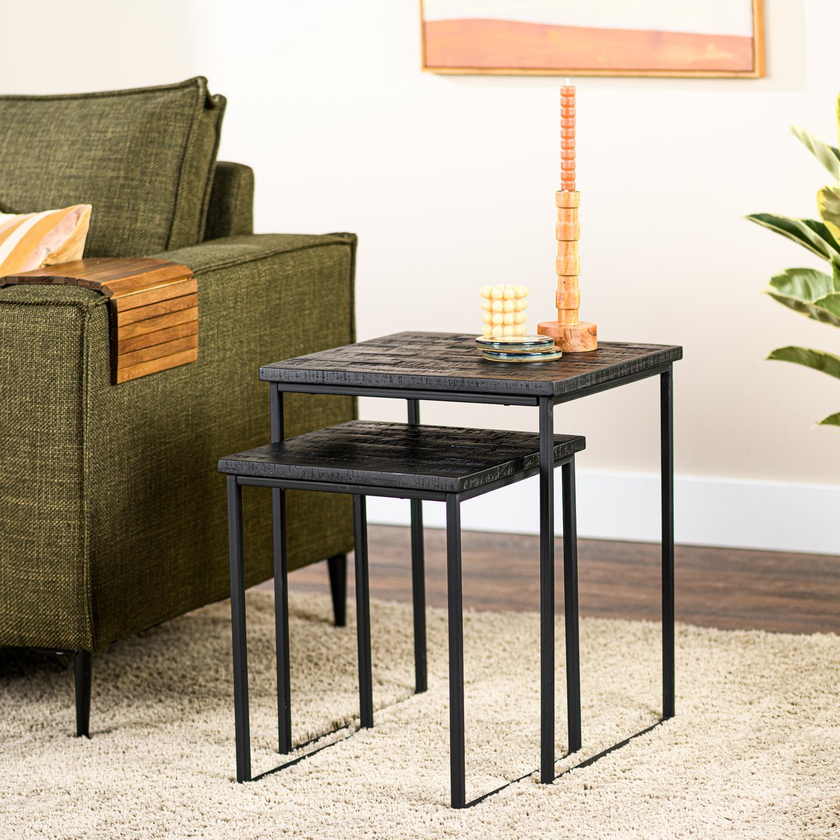 Side table set of 2, Aged Teak, B340 black