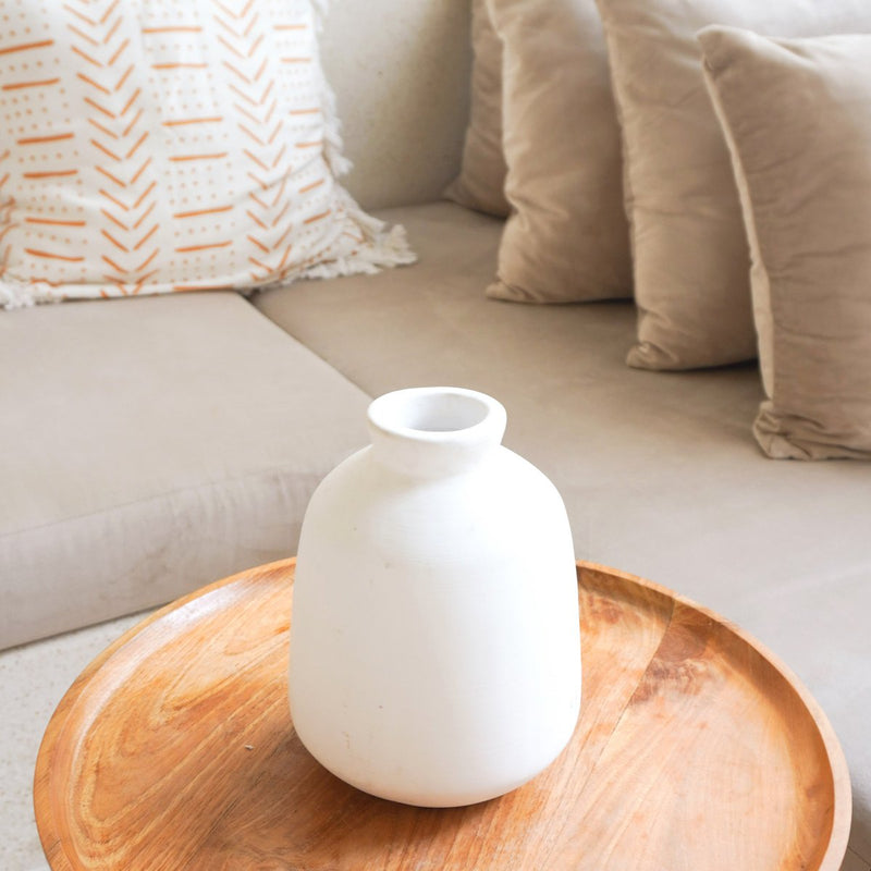 Vase White Small Round Decorative Vase for Dried or Fresh Flowers Hand Cast from Clay with BAWA