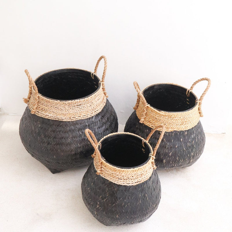 Black Plant Basket Decorative Basket Large Laundry Basket BENOA (black) Hand-woven Basket made of Bamboo and Seagrass (3 sizes)