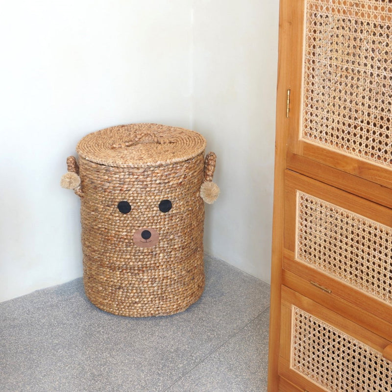 Laundry Basket for Children with Teddy Bear Face KIYOWO made from Water Hyacinth Woven Basket with Lid