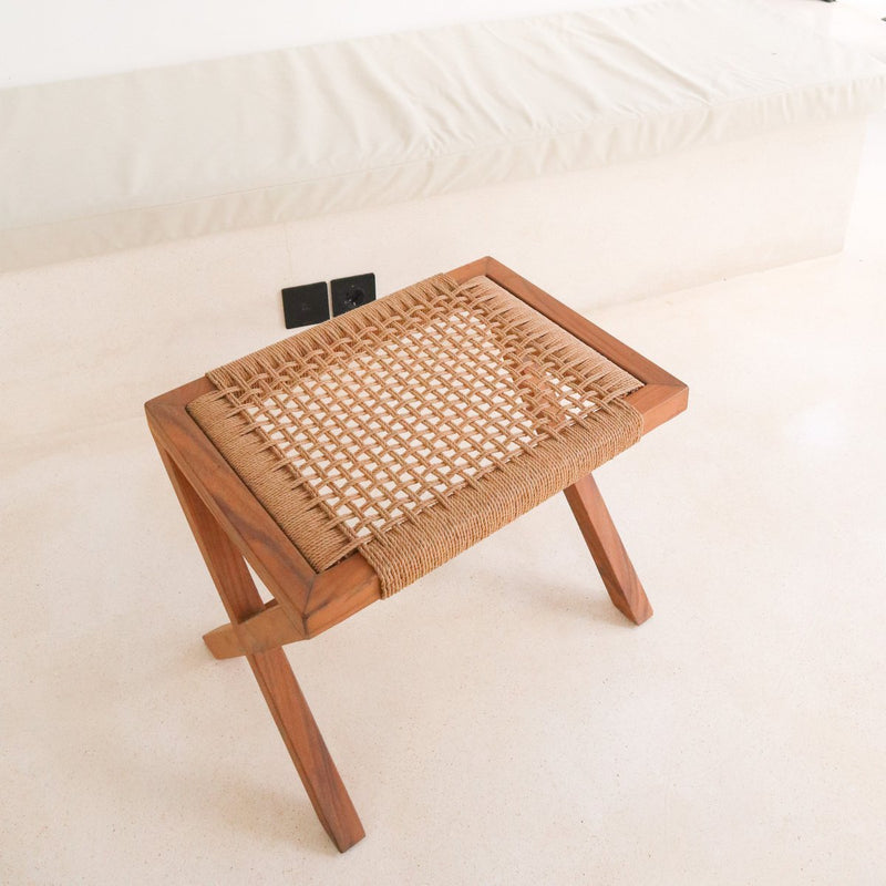 Large Wooden Stool INDRA (beige) made of Trembesi with a Seating Surface from Woven Recycled Paper