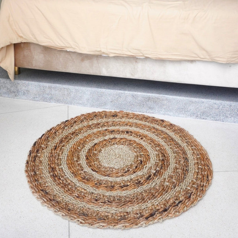 Rug 100/120 cm with Stripes Round Plant Fibre Rug made from Banana Fibre, Seagrass & Water Hyacinth Brown Beige Carpet POHON (2 sizes)