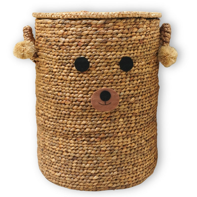 Laundry Basket for Children with Teddy Bear Face KIYOWO made from Water Hyacinth Woven Basket with Lid