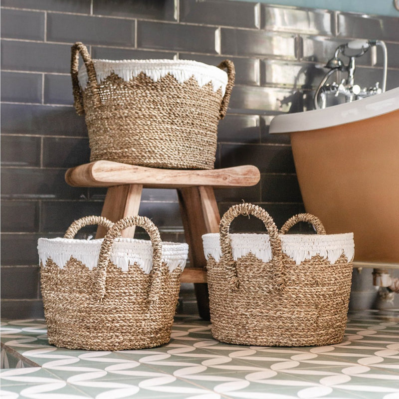 Round Seagrass Baskets with White Cotton Cords WAIGEO (3 sizes) Decorative Laundry or Storage Basket