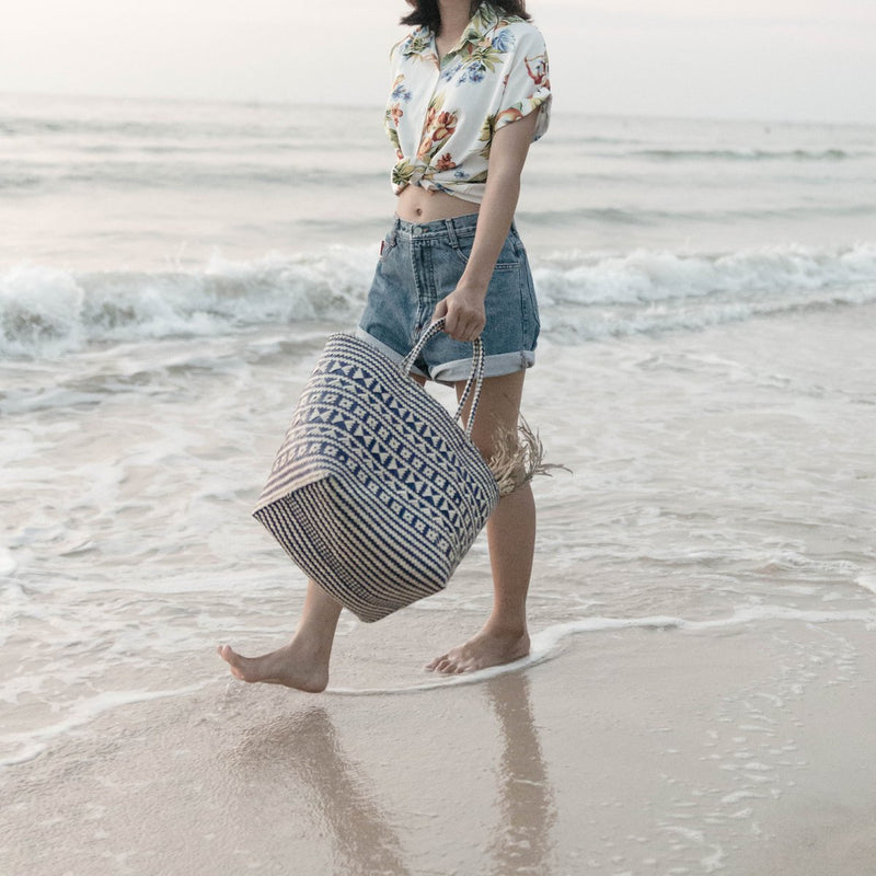 Blauwe boodschappentas | Strandtas | Tote Bag KIDUL van rotan