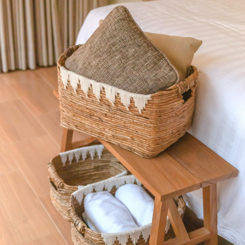 Storage Basket with Cotton Decor PISANG Decorative Basket Handwoven from Banana Fibre