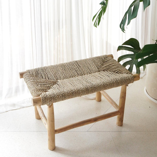 Bench SUNGAI made from Massive Wood with Seating Surface from Woven Seagrass