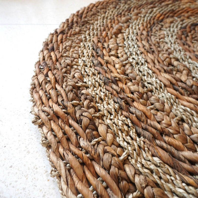 Rug 100/120 cm with Stripes Round Plant Fibre Rug made from Banana Fibre, Seagrass & Water Hyacinth Brown Beige Carpet POHON (2 sizes)