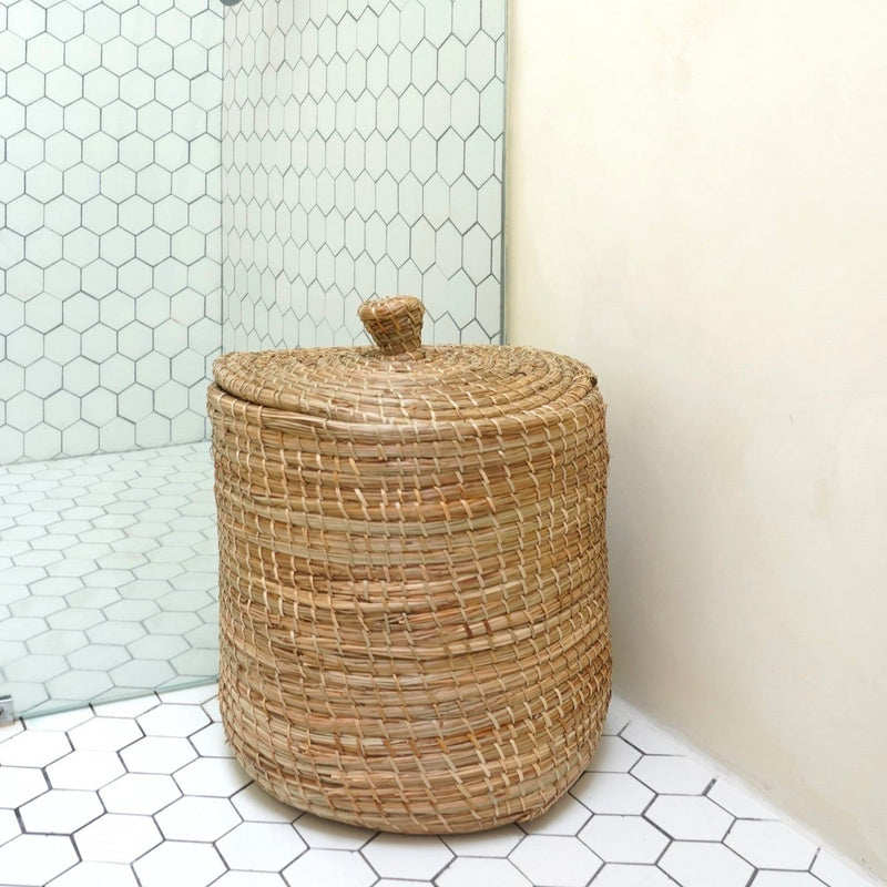 Laundry Basket with Lid LANTAI made from Seagrass Handmade from Natural Materials Round Hamper Storage Basket