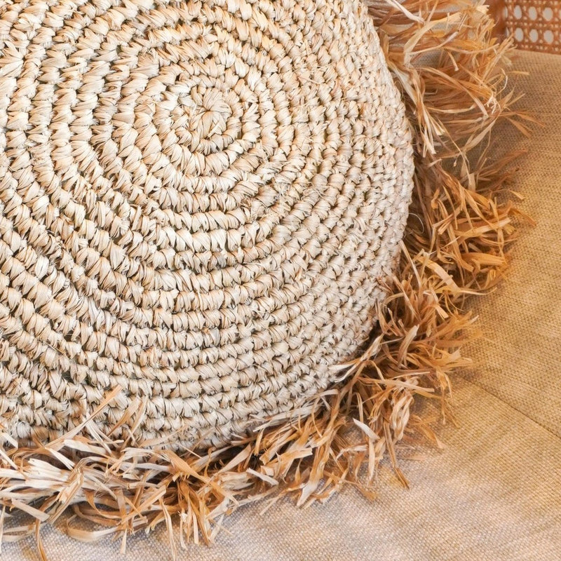 Round Boho Cushion with Fringes Decorative Cushion Ø40/50 cm Throw Pillow made from Raffia Sofa Cushion with Filling TARAKAN beige