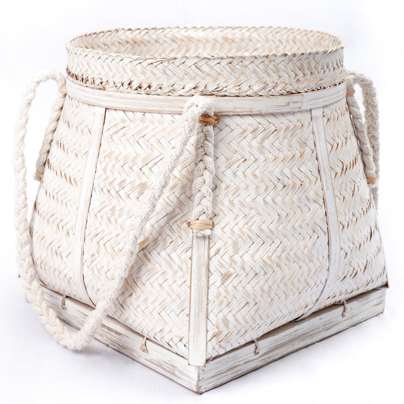 White Basket BIKU | Plant Basket | Laundry Basket | Large Boho Storage Basket Round Made of Bamboo