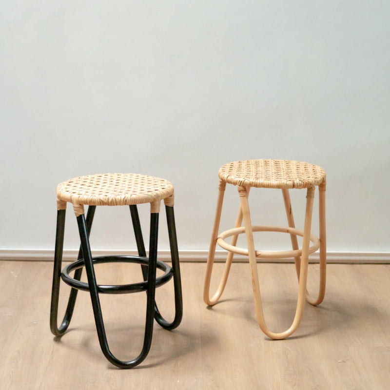 Rattan Stool KOLAKA Black Ø35 cm with Woven Seating Surface | Three-Legged Small Round Stool