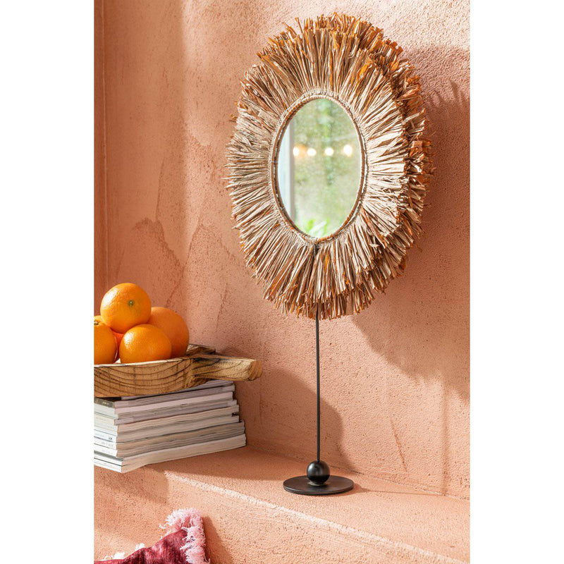 J-Line Mirror On Foot Round Reed Raffia Brown - Wall mirror 41 x 9 cm