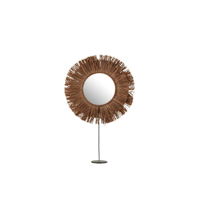 J-Line Mirror On Foot Round Reed Raffia Brown - Wall mirror 41 x 9 cm