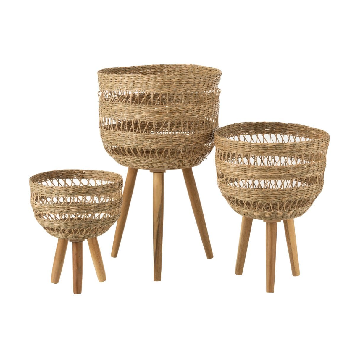 J-Line Set Of 3 Baskets On Tripod Seagrass Natural