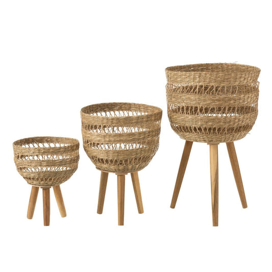 J-Line Set Of 3 Baskets On Tripod Seagrass Natural