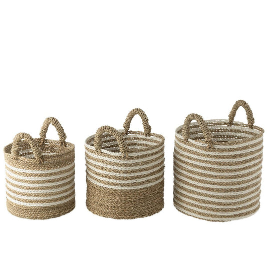 J-Line Set Of Three Baskets Striped Raffia White/Natural