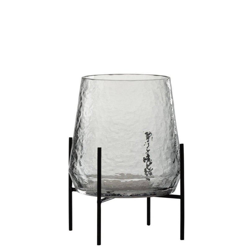 J-Line Vase auf Fuß, unebenes Glas, transparent/schwarz, klein – 25,5 cm hoch