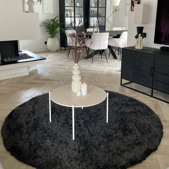 Round High Pile Rug Anthracite/Black Foliage Shaggy 120cm - Goldgenix