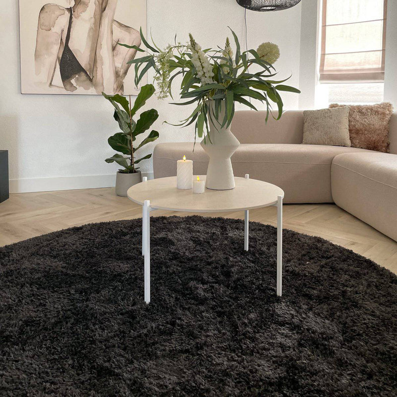 Rond hoogpolig vloerkleed antraciet/zwart blad Shaggy 120 cm