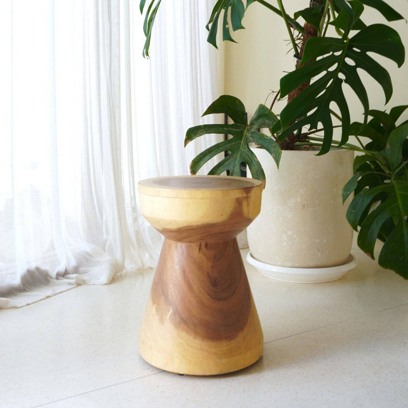 Massive Round Wooden Side Table Ø30 cm MANADO Small Table made of Rain Tree Wood with Natural Two-Coloured Grain - Goldgenix