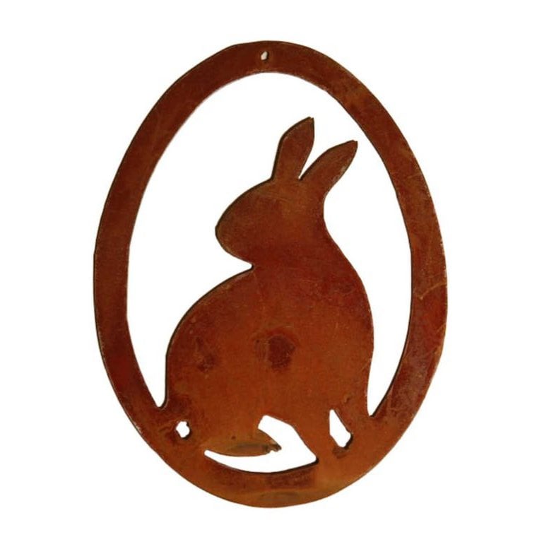 Roest decoratie konijn in het ei | Raamdecoratie hangend voor Pasen | 15 cm x 11 cm | zittend konijn | Paaseieren om op te hangen